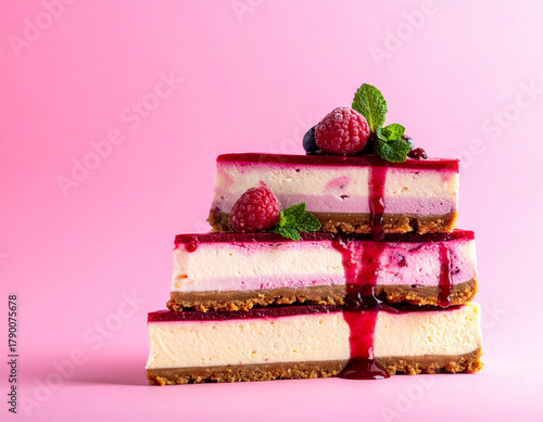  Stacked Berry Cheesecake Slices with Mint Decoration, Side Angle on Pink Backdrop