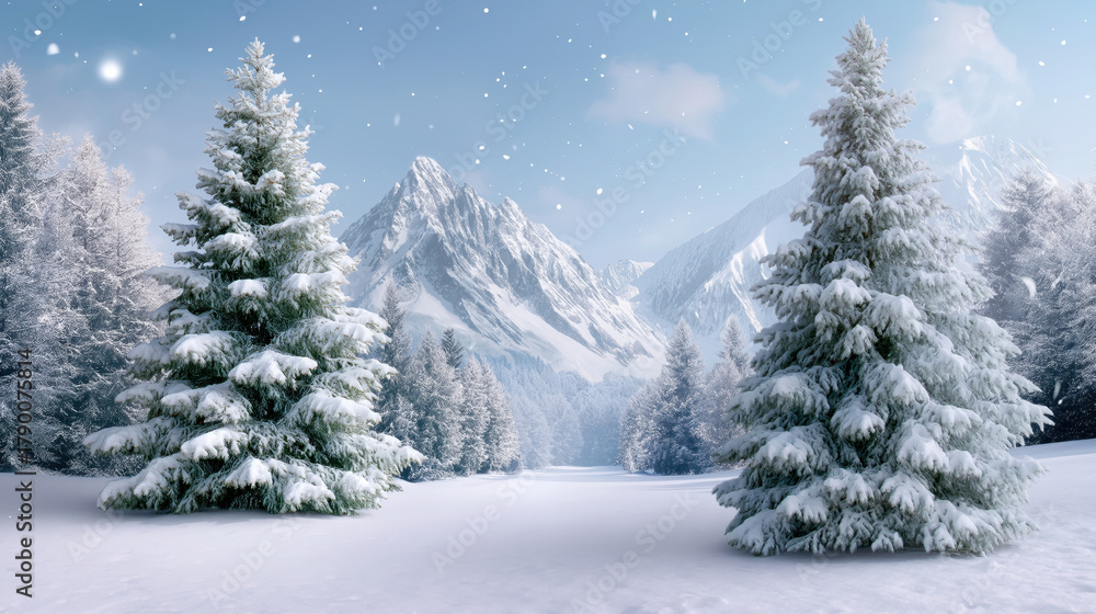 Naklejka premium A snowy landscape with two pine trees in the foreground