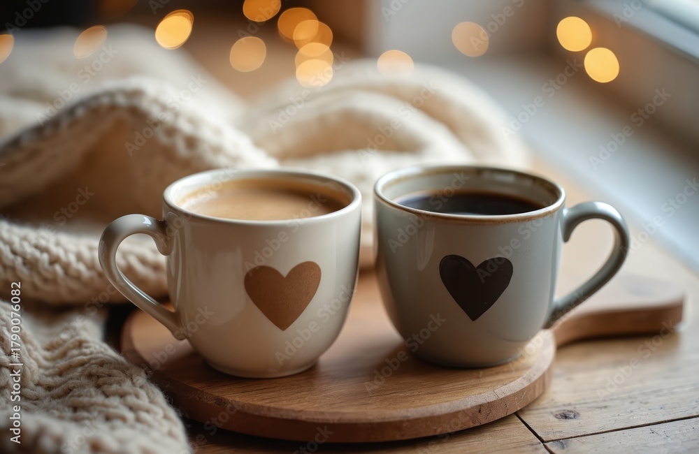 Obraz premium Two mugs filled with coffee on wood surface. Both cups have heart design. Cosy blanket is near mugs on wooden table. Warm drinks for friends at home. Relaxing indoor interior scene for winter.