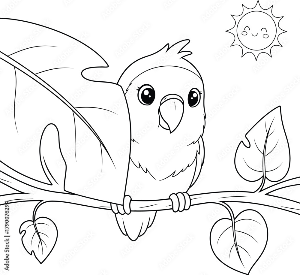 Obraz premium Cute Cartoon Bird Perched on a Branch with Leaves and Smiling Sun - Kids Coloring Page Vector Illustration