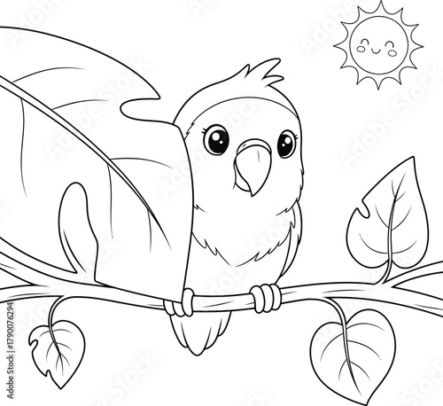 Cute Cartoon Bird Perched on a Branch with Leaves and Smiling Sun - Kids Coloring Page Vector Illustration