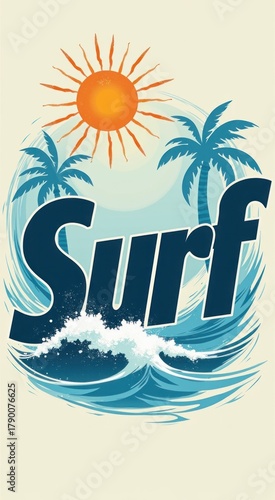 Surf text on a wave with palm trees and sun travel concept vertical background