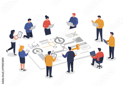People collaborate around a table with a large digital display