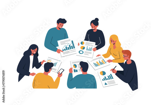 People gathered around a table reviewing charts and graphs