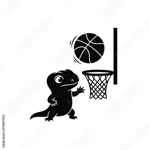 Lizard playing basketball next to basket backboard and net isolated on white background
