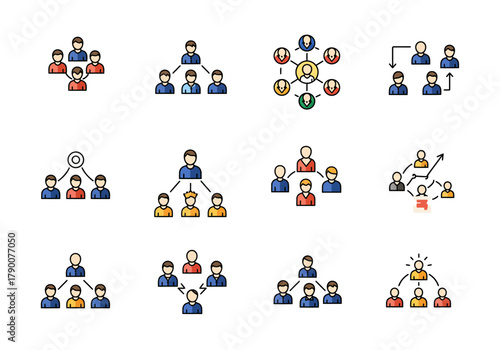 Various flat icon illustrations of organizational structures and team dynamics