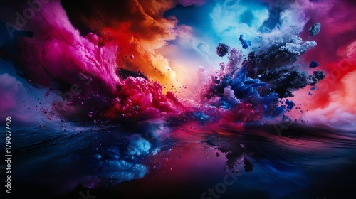 Abstract cloud formations display vibrant colors including pink, red, blue, and yellow above reflective water surface creating a surreal landscape.