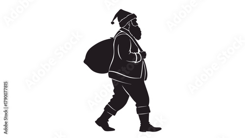 santa silhouette  : santa claus walking with sack over shoulder in winter outfit silhouette illustration holiday season character