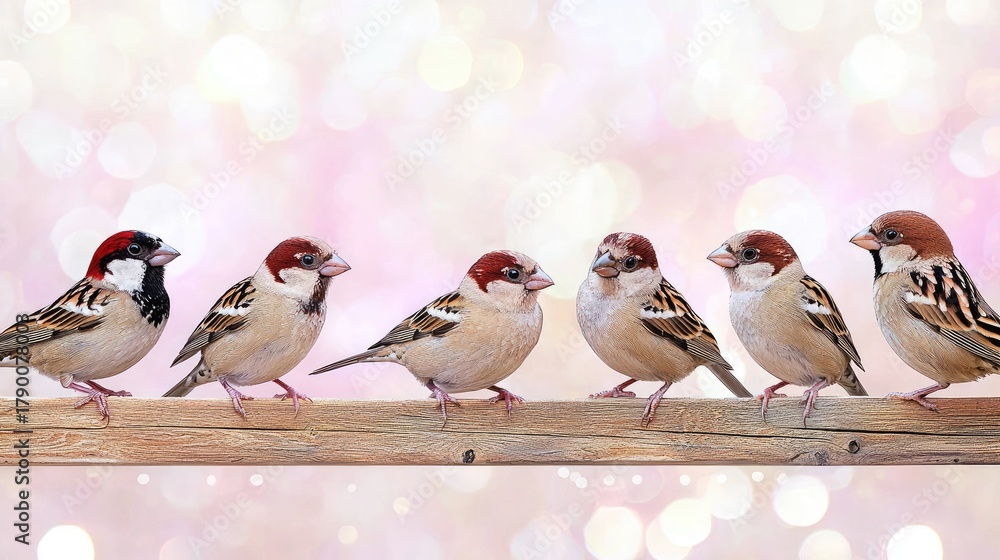 Fototapeta premium Small birds perched on a wooden fence display various expressions in a soft, misty background
