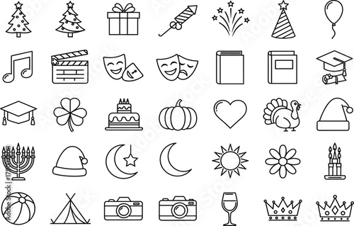 Celebration icons, seasonal symbols, holiday graphics, party elements, Christmas, graduation, music, art, book, camera, crown, entertainment design