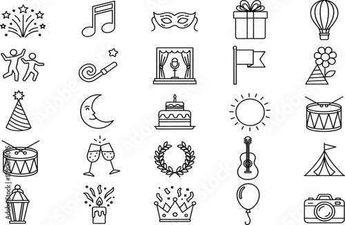 Celebration icons, party symbols, entertainment graphics, music, dance, gift, fireworks, beer, crown, camera, leisure, festival, event design