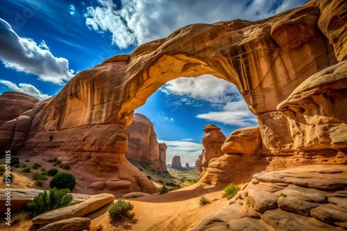 Iconic sandstone arch rising from desert terrain under clear blue sky, glowing in warm sunlight with textured rock and distant valley view