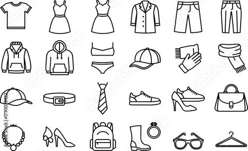 Clothing icons, fashion accessories, apparel symbols, line art, black and white, vector set, outfit elements, wardrobe essentials, editable design, commercial use, minimalist style, trendy wear,