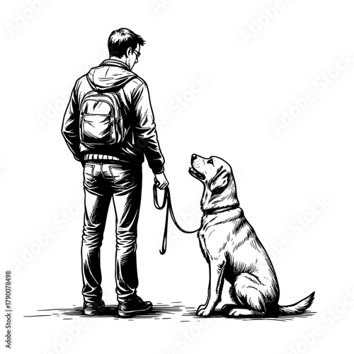 A blind man in a jacket stands next to a guide dog, a black and white sketch. Vector illustration. A rescue service dog and a disabled person, isolated on a white background.