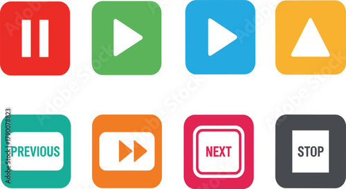 Colorful media control buttons, play pause fast-forward stop next previous icons, UI interface symbols on square backgrounds for apps