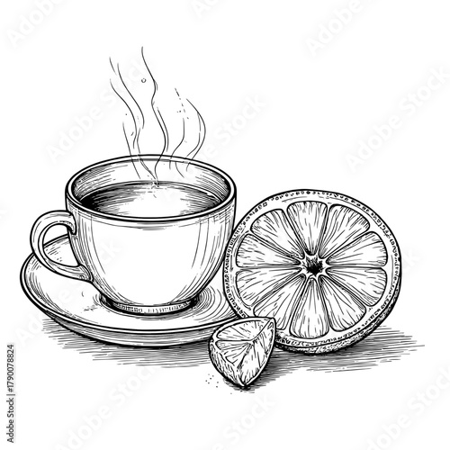 A cup of hot tea on a saucer with a slice of lemon, a black and white sketch. Vector illustration. The circle is isolated on a white background. Tea party and coffee shop