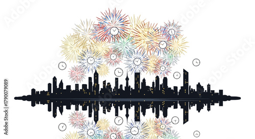City skyline silhouette with colorful fireworks and clocks symbolizing time passing during celebrations