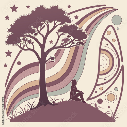 A person sits under a large tree on a hill with abstract colorful waves, stars, and geometric shapes in a dreamlike landscape.