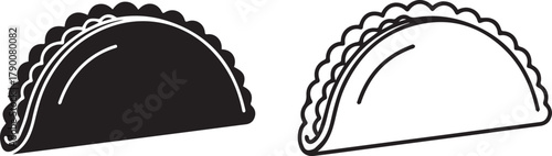 Empanada or dumpling icon set in black silhouette and outline vector graphic isolated on white background