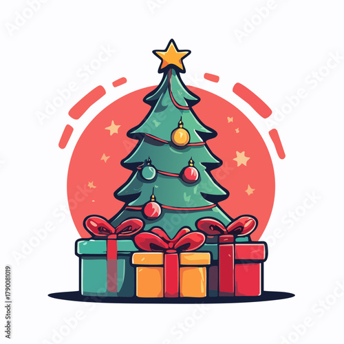 Festive Christmas Tree Illustration with Gifts, Ornaments, and Star, Perfect for Holiday Designs