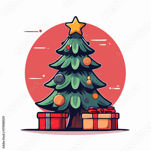 Vector illustration of a festive Christmas tree adorned with bright ornaments and a star, featuring gift boxes. Modern flat style for holiday season joy and celebration