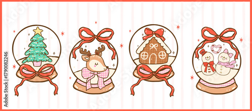 Cute Gingham Coquette Christmas Snow Globe Cartoon Hand Drawn Set, Kawii Girly Festive Holiday Doodle Collection