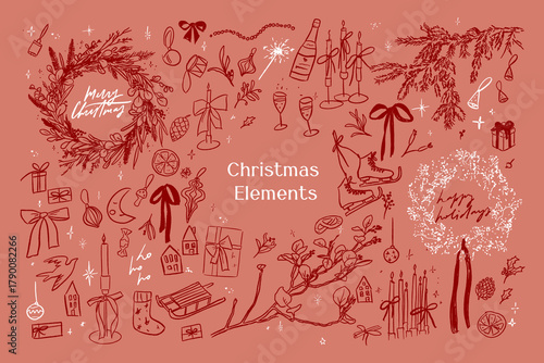 Hand drawn sketch elegant delicate festive line art Christmas elements