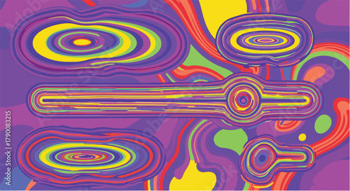 Abstract psychedelic background with swirling purple, yellow, green, and red colors, featuring concentric oval and linear shapes.