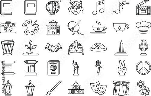 Culture, art, education, icon set, black and white, vector, silhouette, creativity, tradition, global, symbol, heritage, entertainment, communication, learning, peace, 