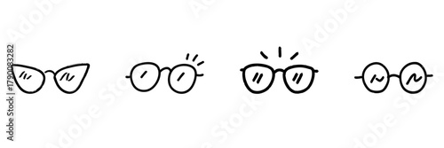 Various Eyeglasses Line Icon Set In Doodle Style. Fashionable Eyewear, Vision Correction, And Style Expression Outline Sketch Collection. Hand Drawn Isolated Vector Illustration