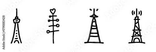 Communication Towers Line Icon Set In Doodle Style. Broadcasting, Signal Transmission, And Telecommunication Infrastructure Outline Sketch Collection. Hand Drawn Isolated Vector Illustration