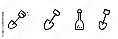 Shovel Line Icon Set In Doodle Style. Gardening, Construction, And Digging Tools Outline Sketch Collection. Hand Drawn Isolated Vector Illustration