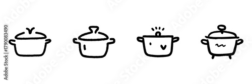 Cooking Pots Line Icon Set In Doodle Style. Kitchenware, Culinary Tools, And Cooking Essentials Outline Sketch Collection. Hand Drawn Isolated Vector Illustration