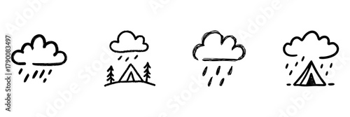 Cloud And Rain Over Tent Line Icon Set In Doodle Style. Camping In Rainy Weather, Outdoor Adventure, And Nature Exploration Outline Sketch Collection. Hand Drawn Isolated Vector Illustration
