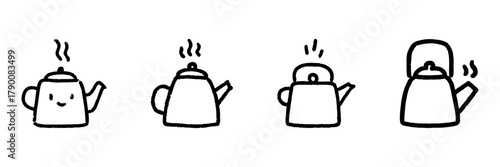 Kettle Line Icon Set In Doodle Style. Boiling Water, Tea Making, And Kitchen Appliance Outline Sketch Collection. Hand Drawn Isolated Vector Illustration