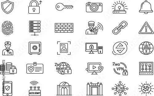 Cybersecurity icon set, digital protection symbols, secure access, firewall, VPN, encryption, biometric security, threat detection, data safety, online shield
