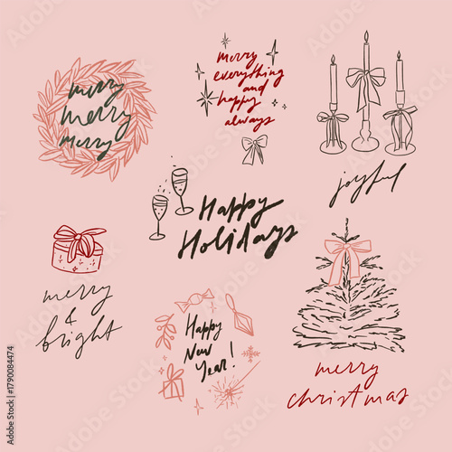 Hand written elegant delicate Christmas lettering calligraphy quotes with illustrations