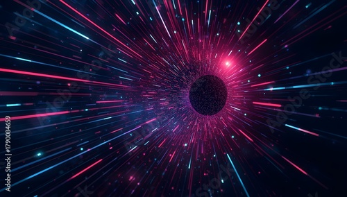 Fototapeta Naklejka Na Ścianę i Meble -  Dynamic abstract digital tunnel with blue and red light trails and glowing particles