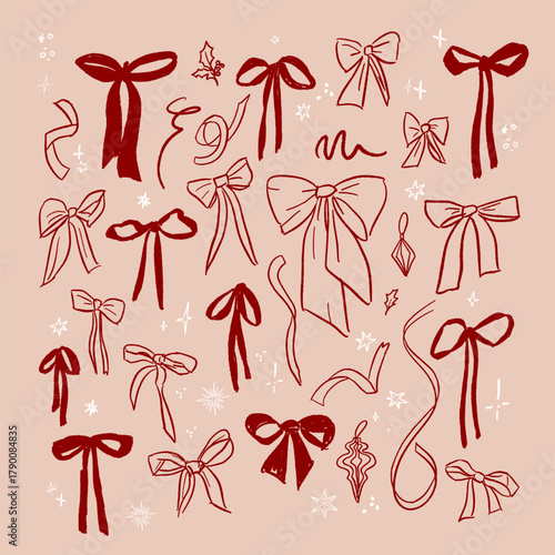 Hand drawn sketch elegant cute line art Christmas festive bows ribbons

