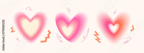 Y2K grain gradient hearts icons. Vector vintage aesthetic grainy hearts aura blur figures with sand dust texture. Valentine sign