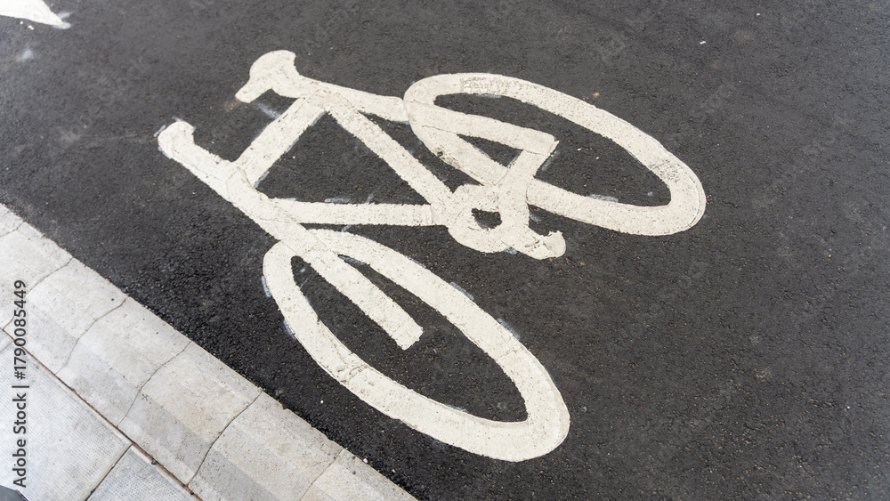 Obraz premium White bicycle symbol painted on asphalt beside curb marking city cycle lane