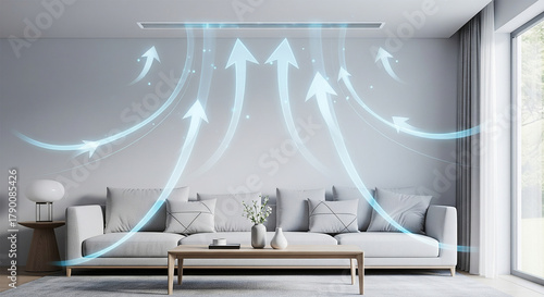 Modern living room with ceiling air conditioning system showing airflow circulation pattern