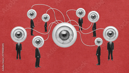 Businessmen with connected eyes symbolizing mutual surveillance and control. Concept of privacy loss, data observation, corporate monitoring, and psychological dependency in modern society.