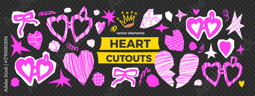 Hearts paper cutout set. Collage crayon pattern textured stickers for love and scrapbook designs. Bow and hearts sticker, cut icon locket