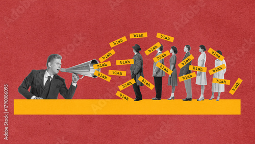 Man shouting through megaphone at people in line in propaganda illustration. Concept of manipulation, social obedience, authority influence, and mass communication power structures.