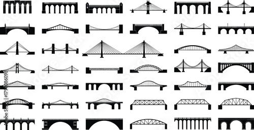 Illustration of collection of bridge silhouettes showcasing various architectural styles and engineering designs in black and white
