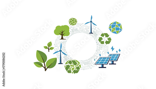 Illustration of renewable energy sources including solar panels, wind turbines, trees, recycling symbol, and foliage arranged in a circular design.