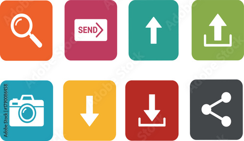 Digital action icons set, search send upload download camera share symbols, white glyphs on colorful squares, UI interface design