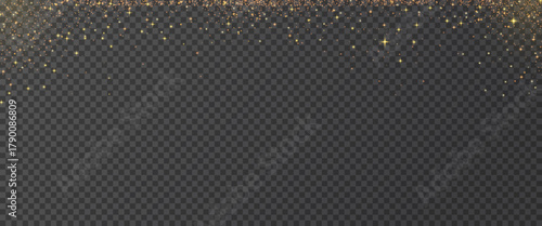 Golden starry glitter background. Shimmer spray effect for birthday celebration banners. Festive particles on dark background. Vector illustration