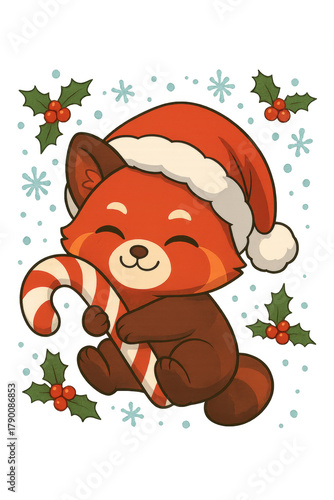 Cute anime red panda in santa hat with candy cane surrounded by holly, christmas theme. Isolated on transparent background